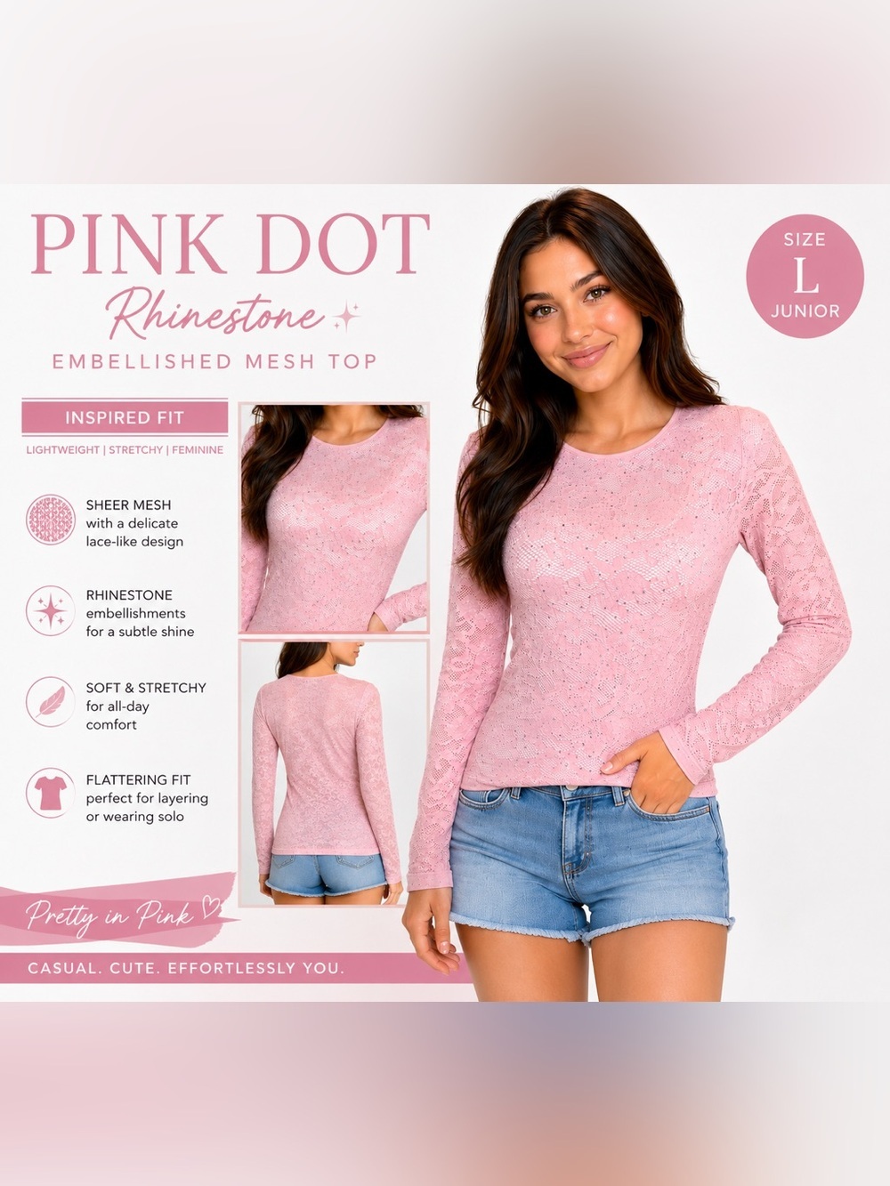 Pink Dot Rhinestone Lace Mesh Top Pink Long Sleeve Junior Fit Size L NWT